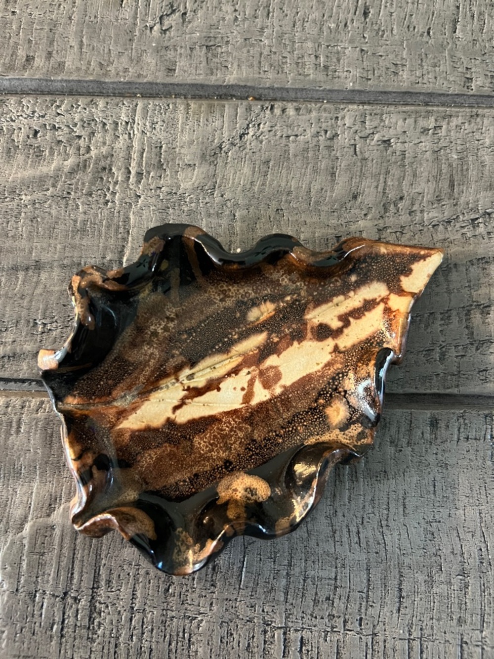 Handcrafted Ceramic Leaf Dish in Brown and Cream